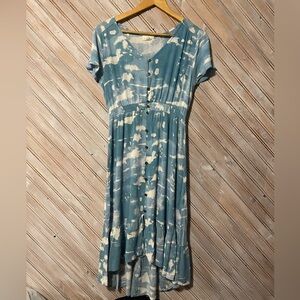 Ivy blue & cream white splatter tie dye button down dress flowy Medium midi
